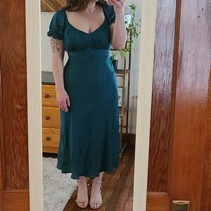 Deep Teal Puff-Sleeve Midi Dress - Unbranded